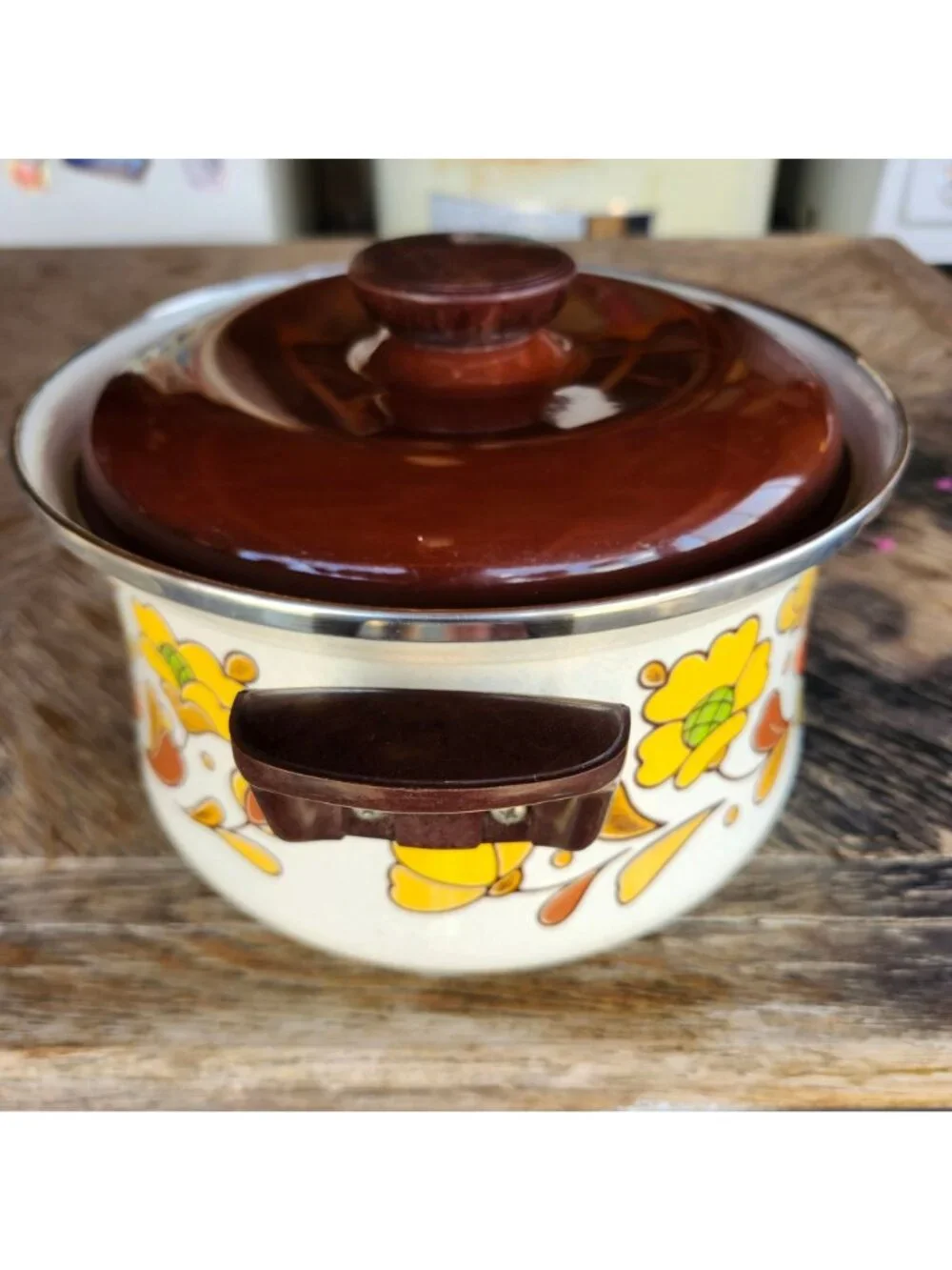 Vintage 1970s Sanko Ware Country Flowers Enamel Pots Set of 2 + Lids Japan